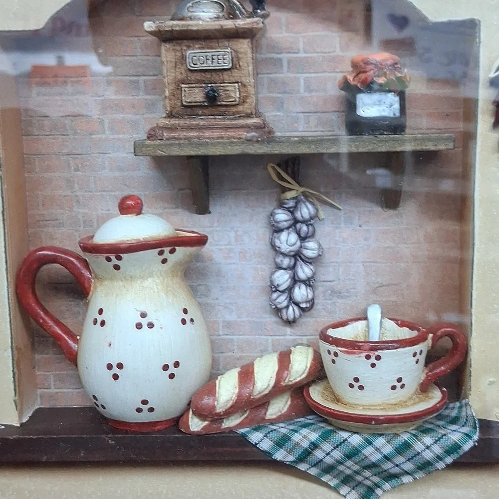 Country kitchen diorama shadow‎ box featuring coffee/tea miniatures